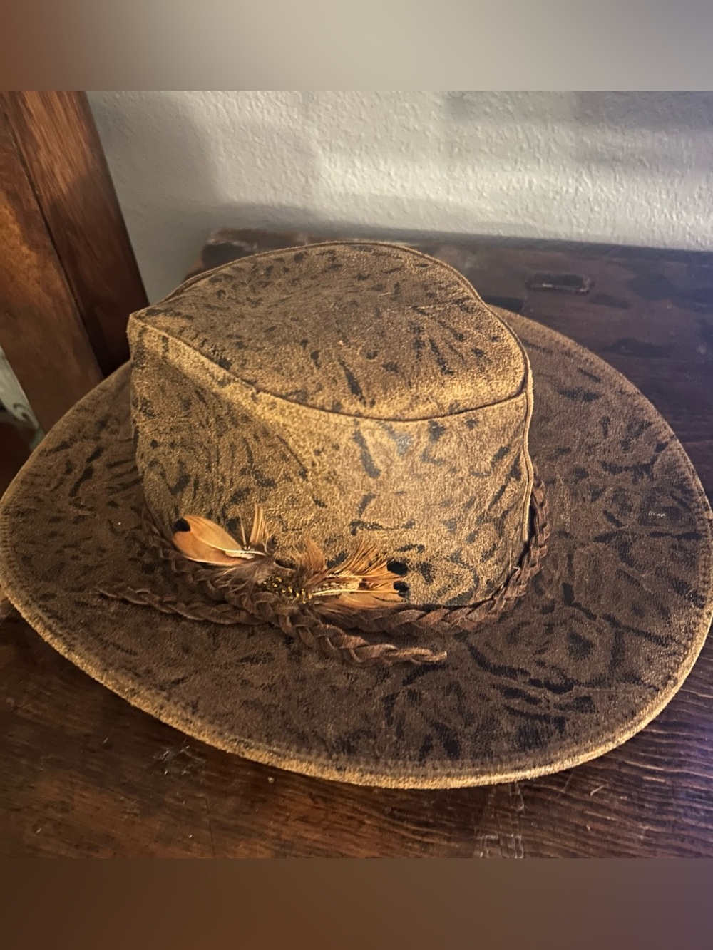 Textured Leather and Suede Cowboy Hat with Braided Trim and Feather Accent, M